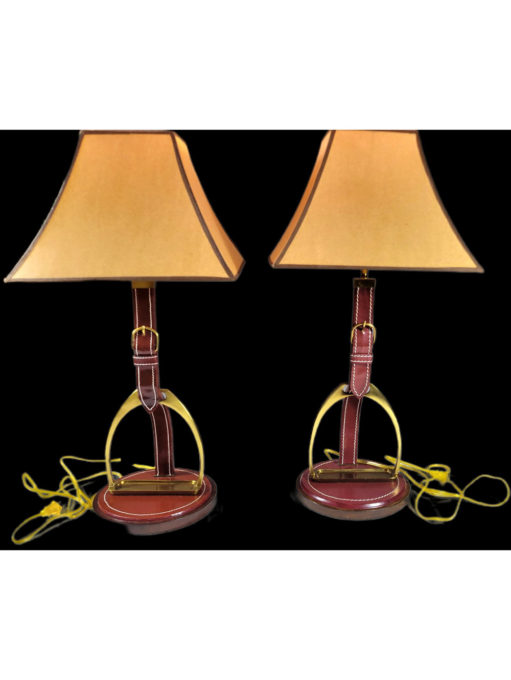 Rare Pair Maitland-Smith 1720-136 Leather Brass Equestrian Table Lamps 31"